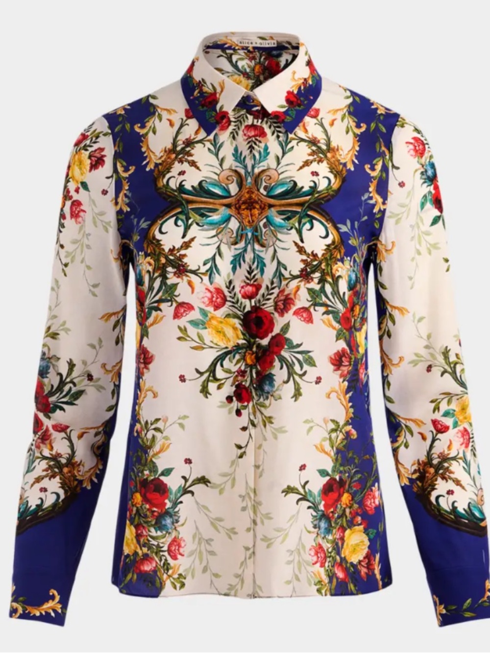 New Alice + Olivia Blue and White Floral Satin Button-Up Blouse size S